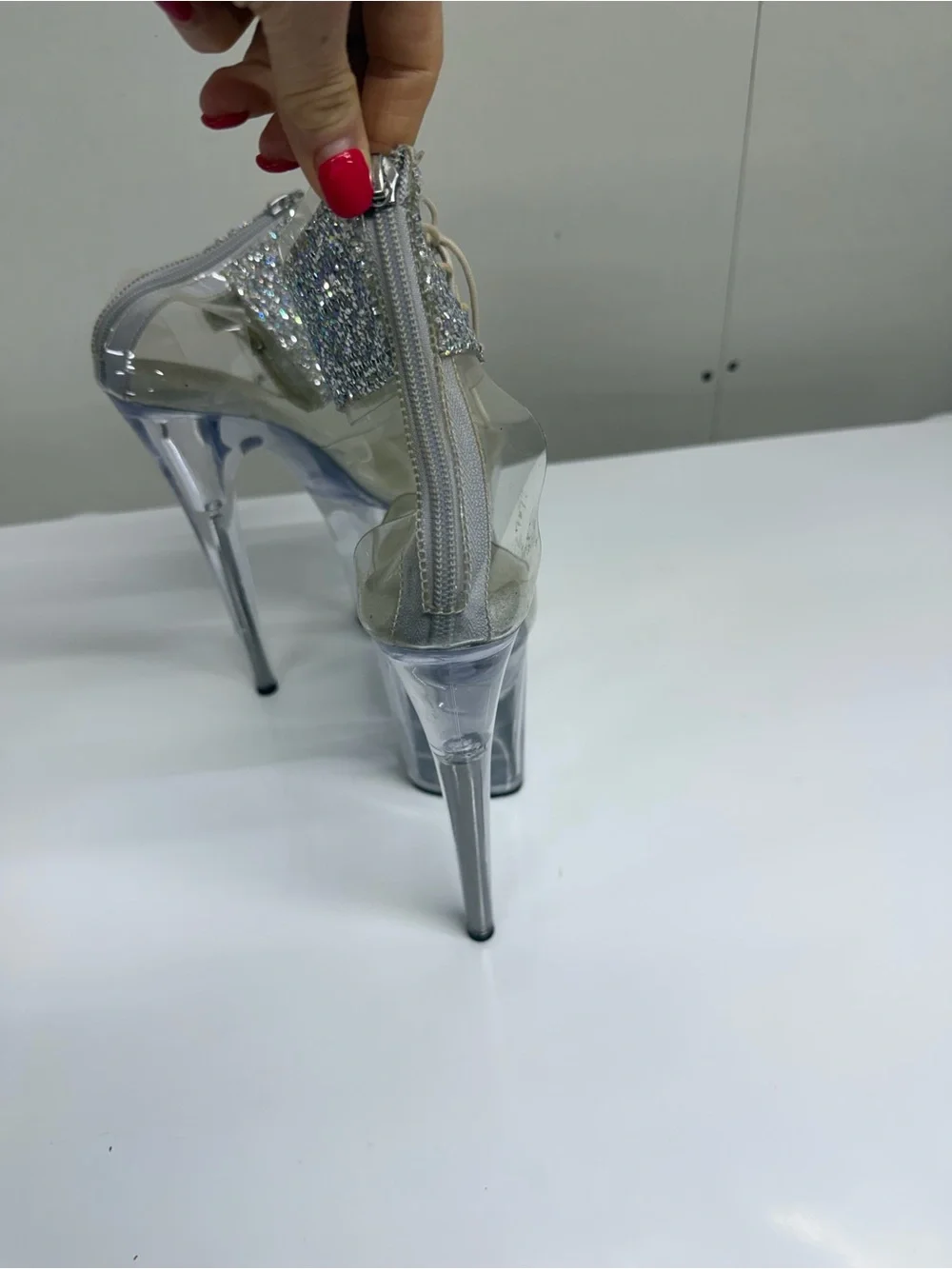 Size 7 Pleaser Clear Platform Stiletto Heels with Silver Glitter Lace Panel
